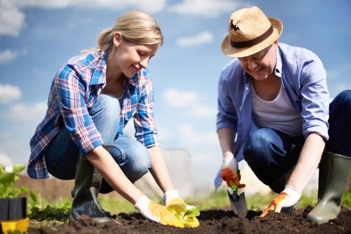 Gardener inspecting plants in a residential garden